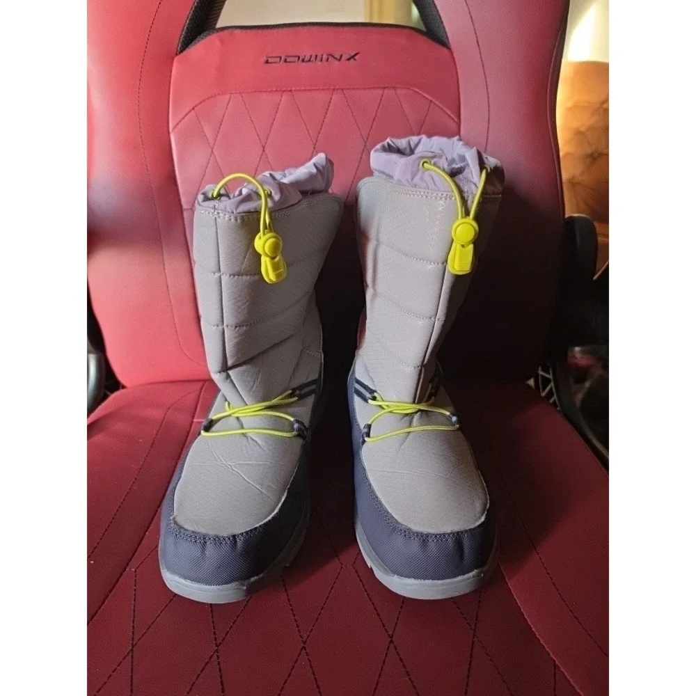 Lands End Grey Quilted Winter Snow Boots Neon Yellow Accents Size 7 M